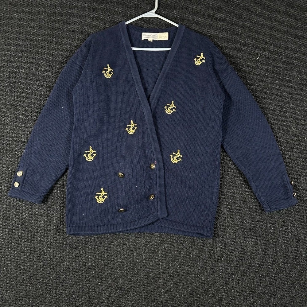 The Eagle's Eye Vintage‎ 1990 Navy Blue Anchor Embroidered Cardigan Sweater M